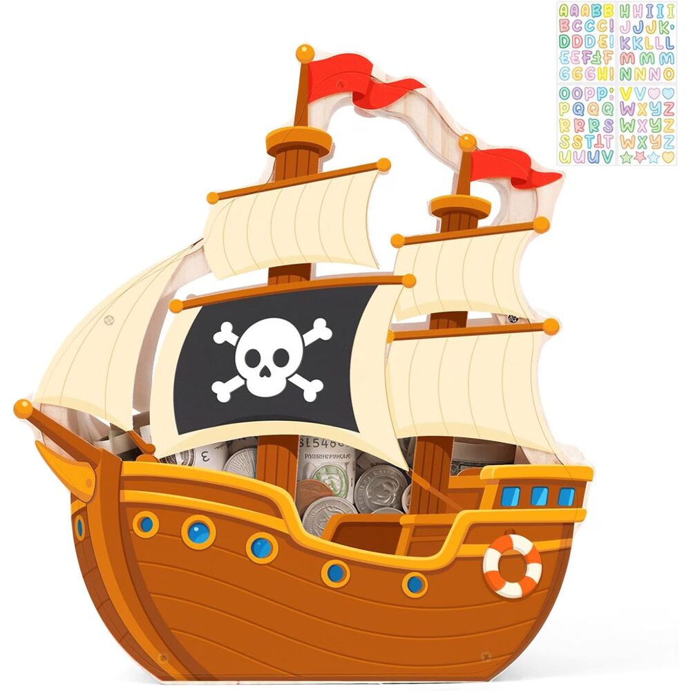 Wooden Pirate Ship Piggy Bank Kids Clear Panels 9.1" Coin Money Bank